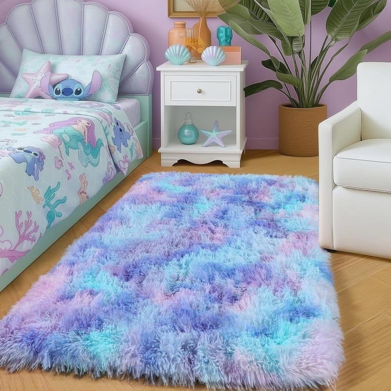 Amdrebio Purple Rainbow 2x3 Small Area Rugs for Bedroom Girls Room Decor, Colorful Mermaid Stitch Frozen Kids Rugs for Playroom Nursery Dorm, Fluffy Furry Cute Shag Kawaii Carpet for Baby Toddler - Image 1